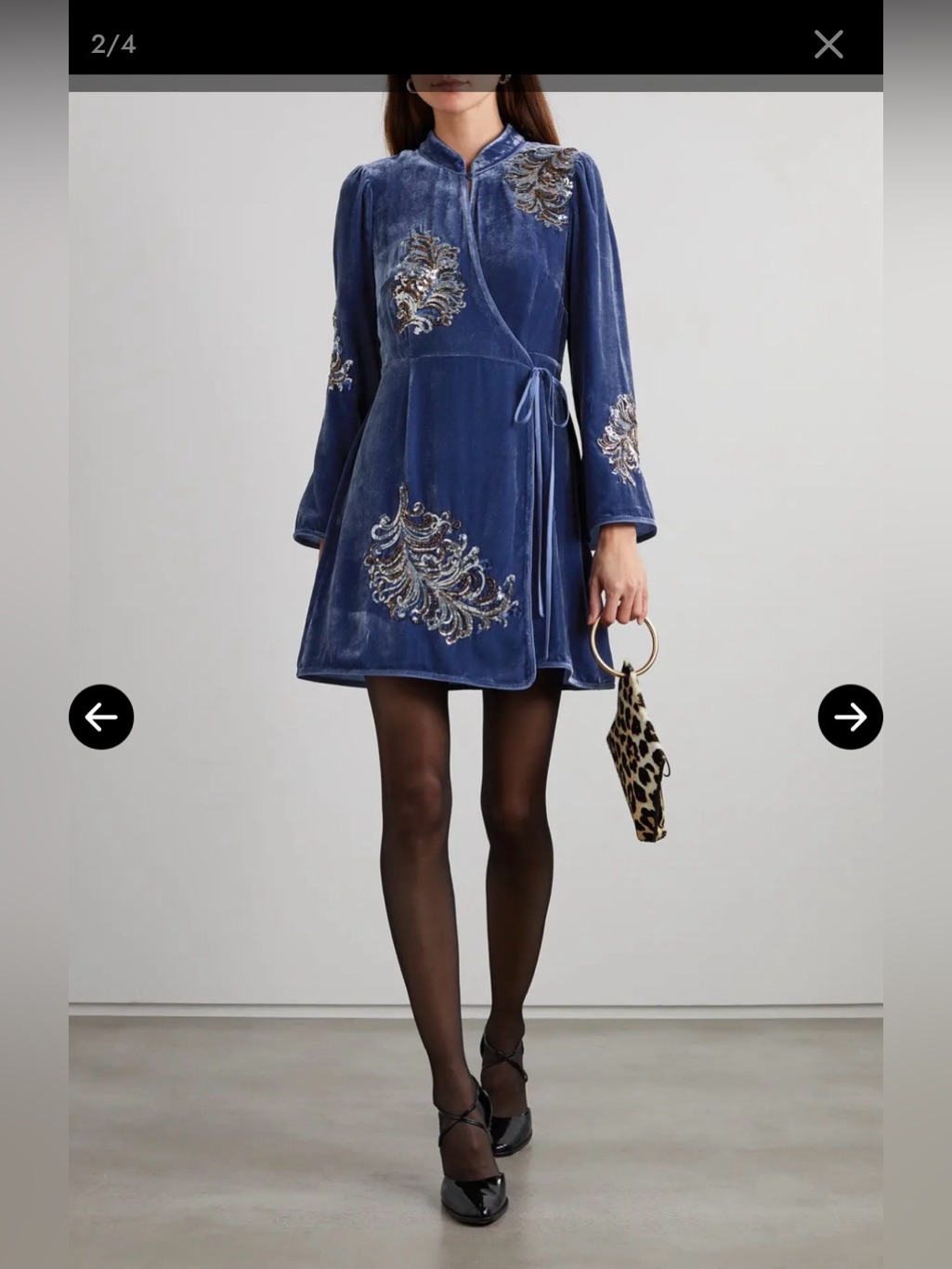 Rixo Gena Blue Velvet Mini Wrap Dress With Beaded Feather Pattern- Size S Nwt